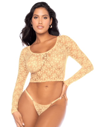 Ensemble 2 pièces en dentelle jaune pastel, crop top et string 